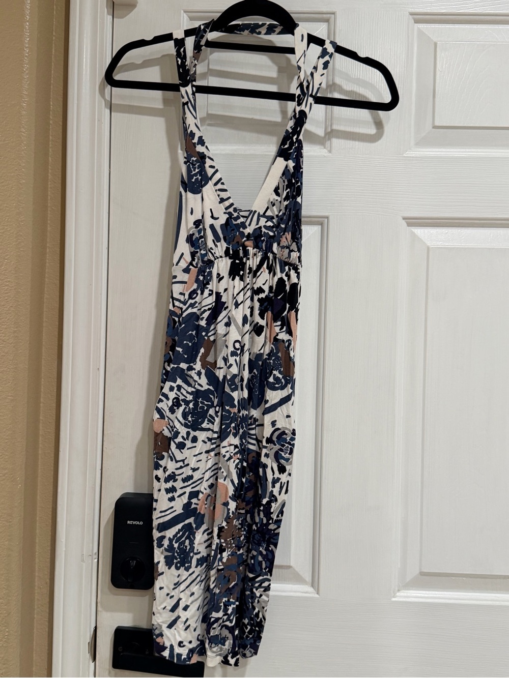 Sleeveless V-Neck Midi Dress — White and Navy Floral Print